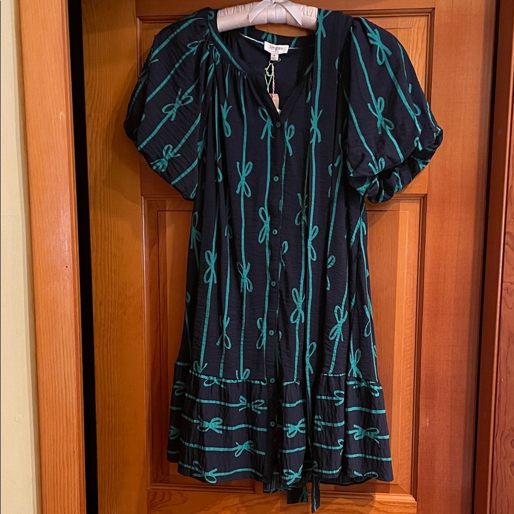 NWT Umgee Navy and Green Bow Button Down Dress w/ Belt size Medium